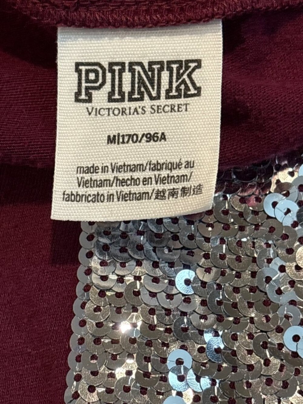 Pink Victorias Secret Burgundy Sequin Logo V-Neck Shirt Size M - Picture 3 of 5